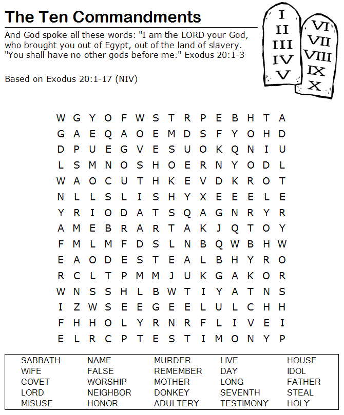 Childrens word search game from the Ten Commandments